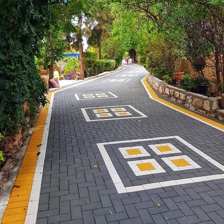 Paved residential street and parking at dusk